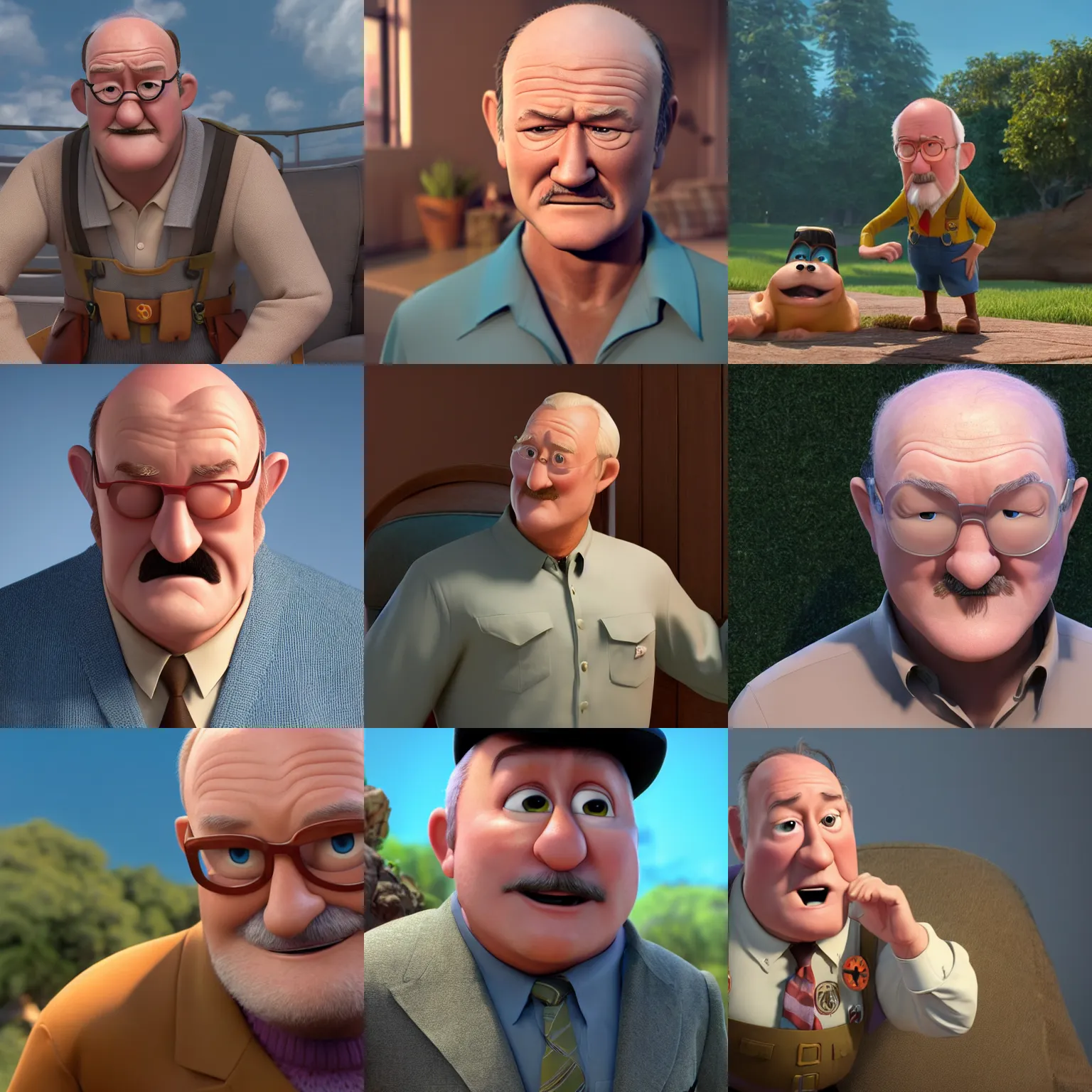 Prompt: calm gene hackman at 5 0 years old as a pixar disney character from up ( 2 0 0 9 ), unreal engine, octane render, 3 d render, photorealistic