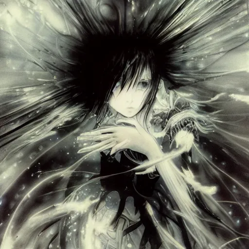 Image similar to yoshitaka amano blurred and dreamy illustration of an anime girl with pirate eye patch, wavy white hair and cracks on her face wearing elden ring armour with the cape fluttering in the wind, abstract black and white patterns on the background, noisy film grain effect, highly detailed, renaissance oil painting, weird portrait angle