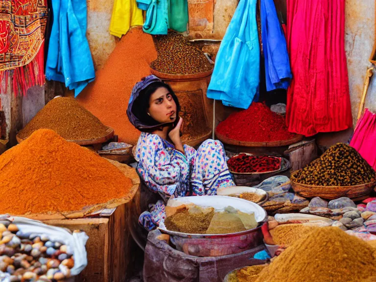 Prompt: lonely girl in the market in tunis, spices, warm air, vibrant colors, high contrast photograph, kodak, analog