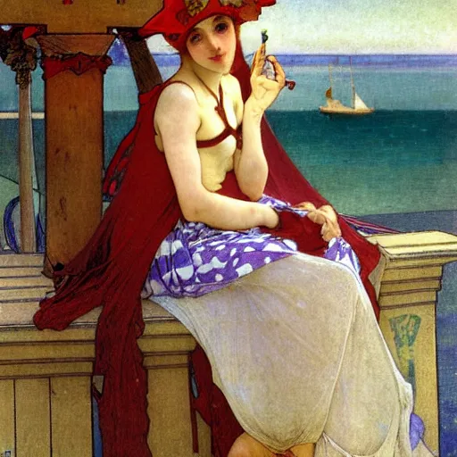 Image similar to A girl with jester hat and clothes on a greek archi circle on the front of a Balustrade with a beach and a sail boat on the background, major arcana cards, by alphonse mucha and arnold böcklin arnold böcklin arnold böcklin, paul delaroche, hyperrealistic 8k, very detailed