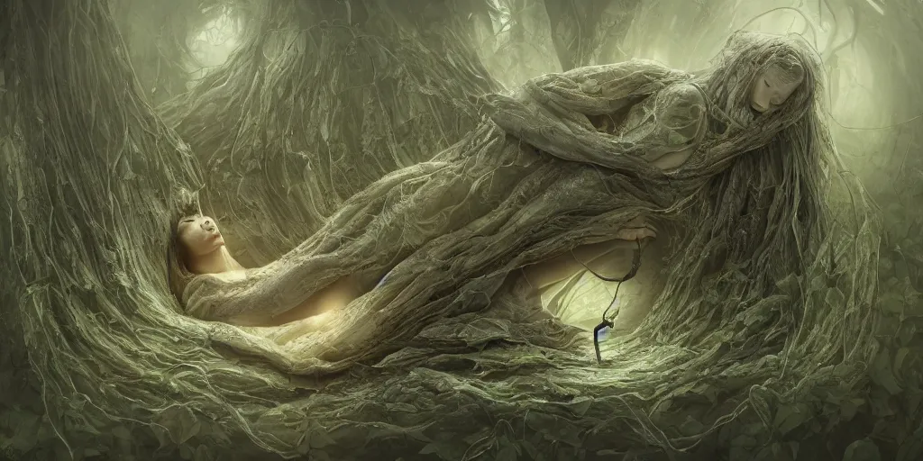 Prompt: a highly detailed matte painting of a lithe female figure curled up inside a transparent plant chrysalis pod, invasion of the body snatchers, species, ominous, foreboding, moody, hyperdetailed, 8 k hd, concept art, artstation, deviantart, cg society,