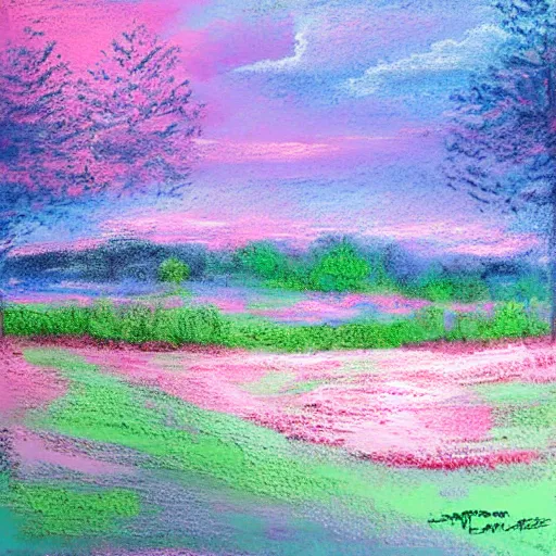 Prompt: landscape painting soft pastel colors blue pink white sky with white pink blue ground forest simple