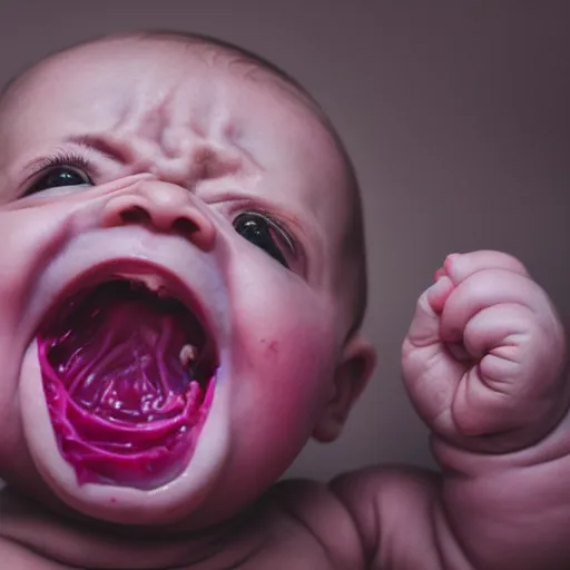 Image similar to dslr photo of an angry baby, screaming, whose head is a red cabbage