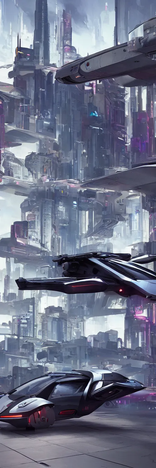 Image similar to octane render of new cyberpunk flying hover version of Renault sandero from 2077 in the city of future by syd mead