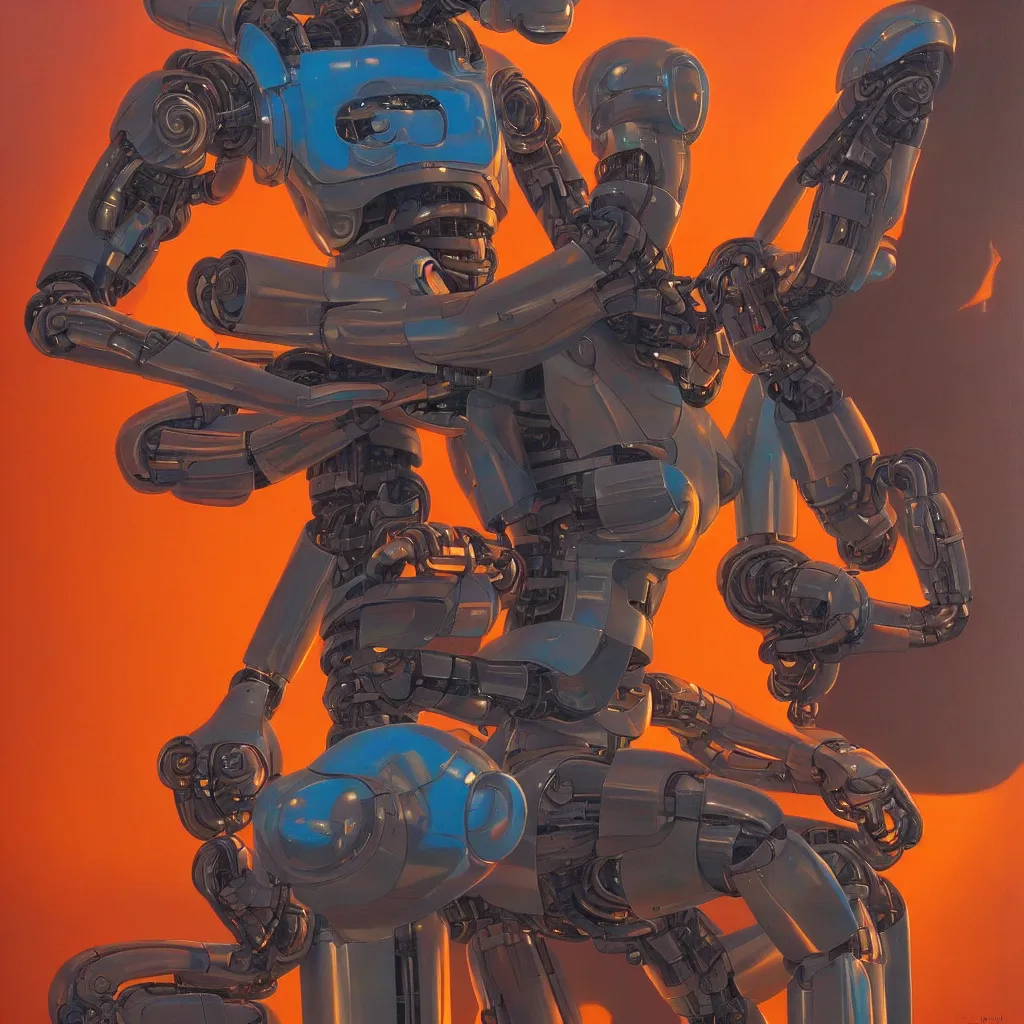 Prompt: portrait of a futuristic robot terminator in the style of Moebius + maxfield parrish + Thomas Ehretsmann, nice colors, hyper-realistic, intrincate, detailed, 8k, goauche painting, bright colors