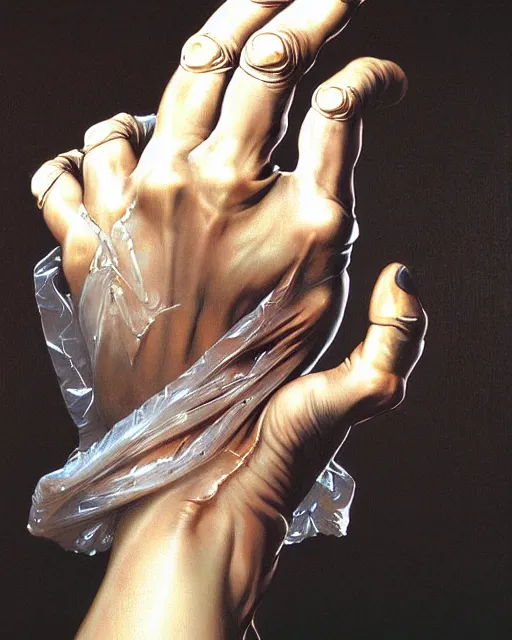 Prompt: human hand, transparent plastic bag, fantasy characture portrait, ultra realistic, cinematic, cinematic, wide angle, intricate details, cyborg, highly detailed by caravaggio, aaron horkey, boris vallejo, wayne barlowe, craig mullins, roberto ferri, francis bacon