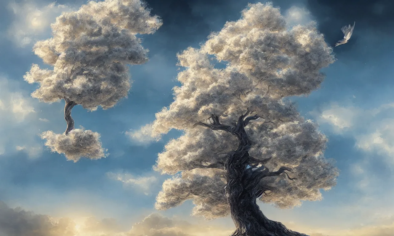 Prompt: a beautiful digital painting of a white tree merged in the clouds, birds flying in the sunlight, totaly white trunk made of smoke, blue sky at sunset, elegant, highly detailed, artstation, concept art, matte, sharp focus, art by tom bagshaw, kelogsloops and greg rutkowski