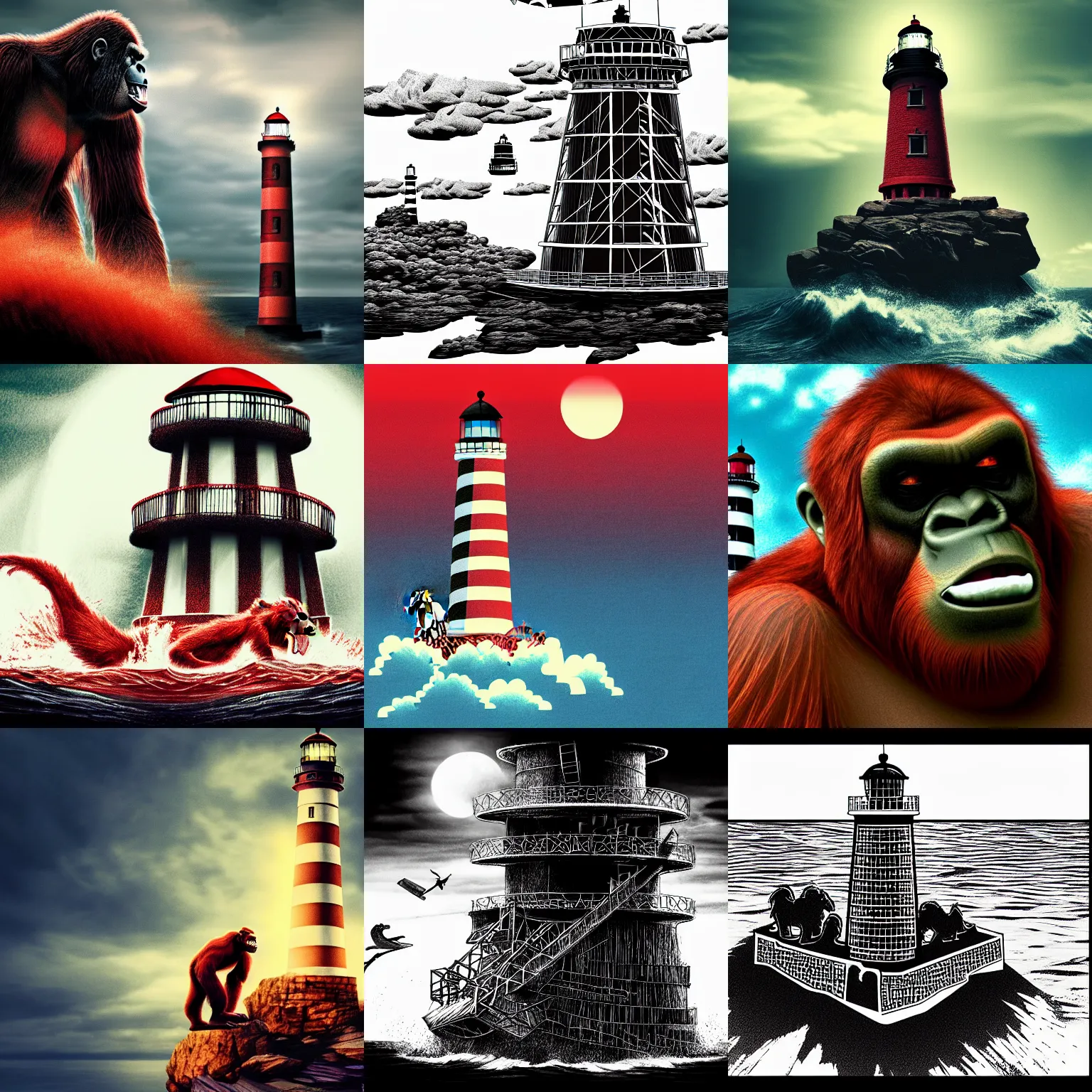 Prompt: unstable lighthouse building, red orangutan as kingkong raging on the top of lighthouse, movie screenshot, wallpaper, kingkong movie, colorfull, realistic, pixar, hardmesh, sharp, black pen drawn edges