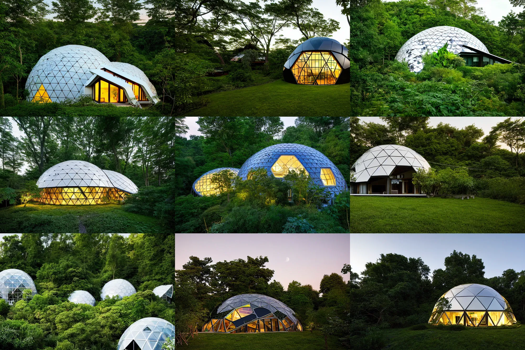 Prompt: geodesic house integrated with the nature, roof with vegetation, architecture award winner, architect studio, buckminster fuller, shoji sadao, zaha hadid, evening, at dusk lighting, domespace, solarpunk, sustainable architecture, green architecture, environmental architecture