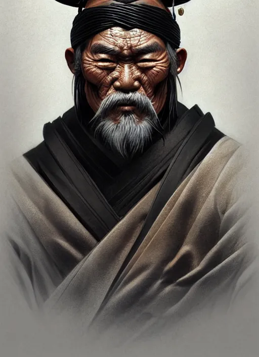 Prompt: portrait of an old Japanese warrior man, muscular, black leather robes! intricate, elegant, highly detailed, digital painting, artstation, concept art, smooth, sharp focus, illustration, art by artgerm and greg rutkowski and alphonse mucha