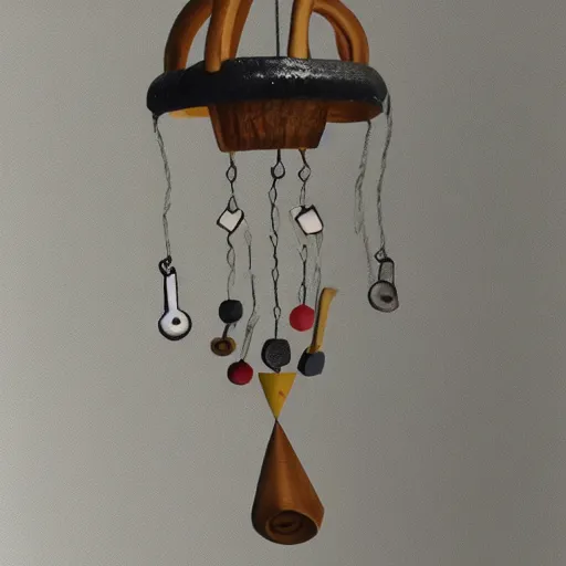 Image similar to This is a sketch of a wind chime made from the pieces of a broken mug. It shows the mug handle as the top piece with strings attached to it, and the bottom pieces of the mug hanging down like little bells, sketch, illustration