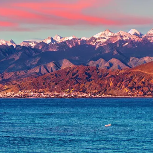 Image similar to Ultrarealistic, beautiful landscape of an oceanic beach with mountains in the background and the sun setting over the mountain peaks. Seagulls can be seen flying close to the beach. The mountains are extremely tall with snow caps on them.
