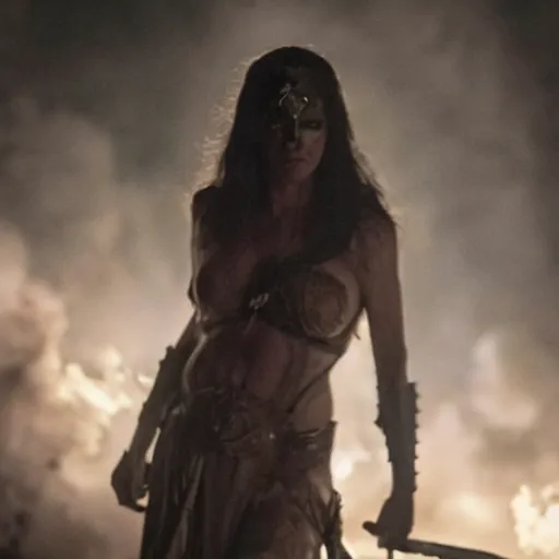 Prompt: kathleen munroe as the goddess of war. movie still. sinister atmospheric lighting. highly detailed, ground mist