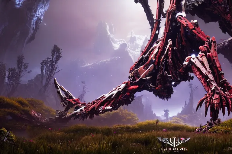 Prompt: wide epic shot. a hyper detailed fanghorn evangelion realistic mechanical and organic creature similar look as horizon forbidden west horizon zero dawn, bioluminiscence in a dark deep forest at dawn in spring, with reflection and textures, by kilian eng, substance painter reaslitic mech surface metal painted scratches, world env from horizon forbidden west horizon zero dawn