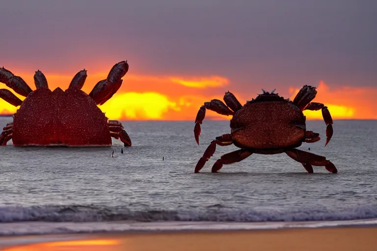 Image similar to giant crab attacking a california city, in 2 0 1 2, bathed in the the glow of the sunset, low - light photograph, photography by tyler mitchell