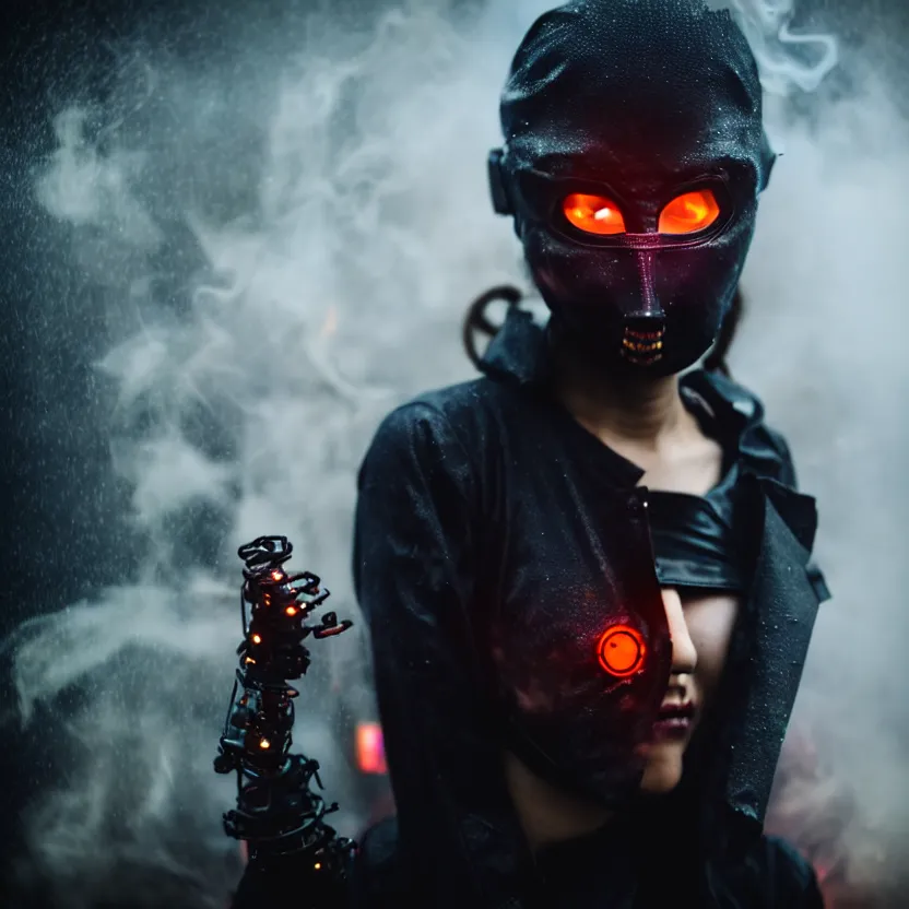 Image similar to a photo close up cyberpunk woman, wearing ninja mask, fire dance in cyberpunk dirty alley, smoke mist rain, cyberpunk gunma prefecture, midnight, photorealistic, cinematic color, studio lighting, highly detailed, bokeh, style by tomino - sama