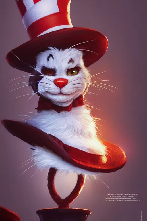 Image similar to complex 3 d render, hyper detailed, ultra sharp, of the cat in the hat, scary, cinematic, natural soft light, rim light, art by greg rutkowski and artgerm and alphone muchs, dr seuss