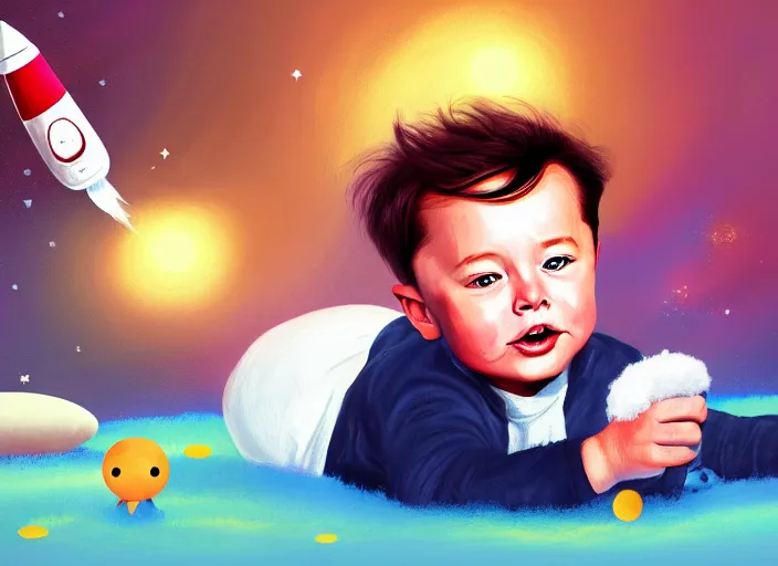 Image similar to toddler elon musk lying on a fluffy rug playing with his space rockets, digital painting, painterly, soft cinematic lighting, artstation