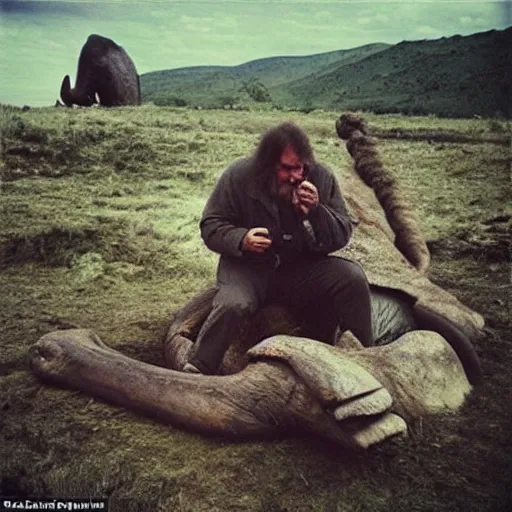 Prompt: “in the prehistory color photo of a real Neanderthal man taking an iPhone photo of his wife on a dead mammoth , National Geographic , anthropology photo”