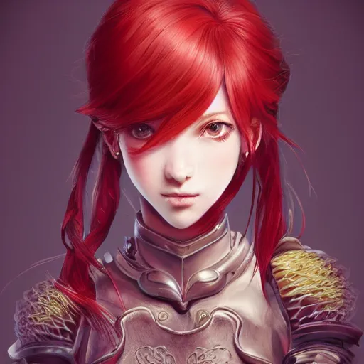 Image similar to a red haired female knight as an absurdly beautiful, elegant, young sensual anime girl, ultrafine hyperrealistic detailed face illustration by kim jung gi, irakli nadar, intricate linework, sharp focus, bright colors, matte, octopath traveler, final fantasy, unreal engine highly rendered, global illumination, radiant light, intricate environment