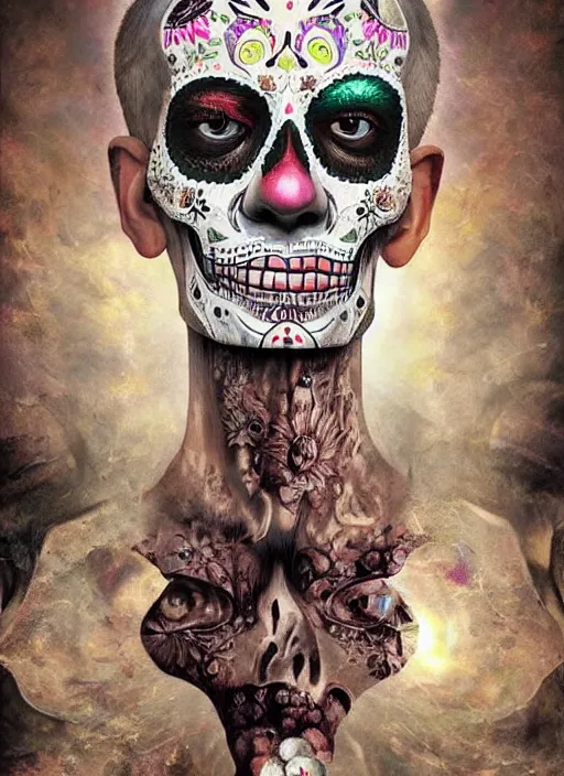 Prompt: dia de los muertos hombre theme surrealist art in the styles of igor morski, jim warren, and giuseppe mastromatteo, intricate, hyperrealistic, accurate facial details, profile picture with chromakey!!!!! background, volumetric lighting