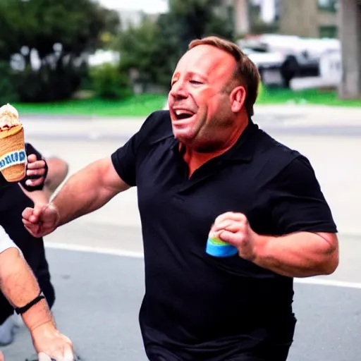 Prompt: realistic action photo of an Angry Alex Jones, running after small giggling Danny DeVito carrying an ice cream