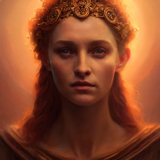 Image similar to majestic gracious regal goddess persephone portrait, ancient greece, elysium, atmospheric lighting, painted, intricate, volumetric lighting, beautiful, rich deep colours masterpiece, golden hour, sharp focus, ultra detailed, by leesha hannigan, ross tran, thierry doizon, kai carpenter, ignacio fernandez rios