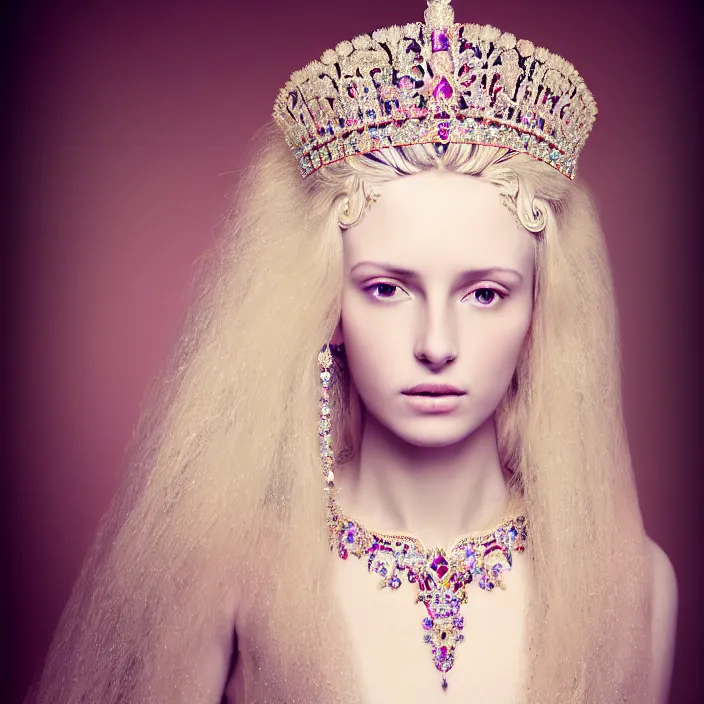 Image similar to portrait photography of a beautiful woman like a queen-gems-angel, dressed in long elegant intricate ornamental gems white dress, natural skin tone, intricate fractal highly detailed gems ornament in the upper side of breast, bust with a very long neck , elegant, highly detailed intricate flowers ornament in her blond long hair, Realistic, Refined, Highly Detailed, Cinematic pastel Lighting, fine art photography by Paolo Roversi, volumetric lighting, hyper realistic photography, 8k
