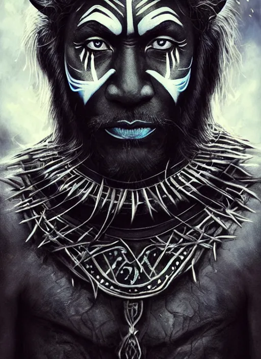 Image similar to photo of a gorgeous magic old shaman with a black panther, face painting, face in the style of stefan kostic, wild, thunders, fire, magic war, majestic, realistic, sharp focus, 8k high definition, insanely detailed, intricate, elegant, art by stanley lau and artgerm