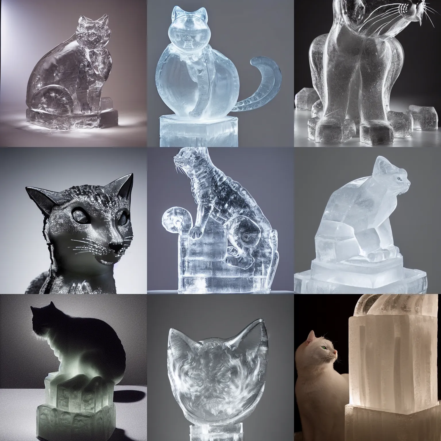 Prompt: ice sculpture of a cat, studio lighting