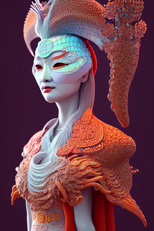 Prompt: 3 d goddess close - up profile portrait. beautiful intricate highly detailed korean gumiho mask and traditional korean hanbok. stingray, magpie, bio luminescent, plasma, lava, ice, water, wind, creature, artwork by tooth wu and wlop and beeple and greg rutkowski, octane 3 d render