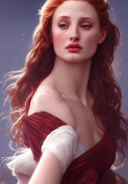 Image similar to sansa angeline jolie gessica chastain, intricate, elegant, highly detailed, digital painting, artstation, concept art, smooth, sharp focus, illustration, art by artgerm and greg rutkowski and alphonse mucha and william - adolphe bouguereau