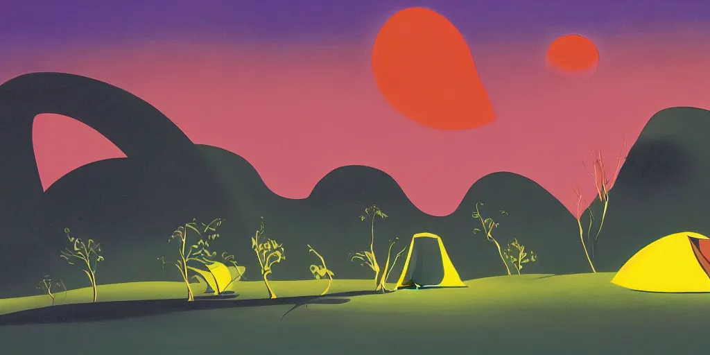 Image similar to oasis with a tent, in a desert, gouache, animated film, stylised, illustration, by eyvind earle, scott wills, genndy tartakovski, syd mead