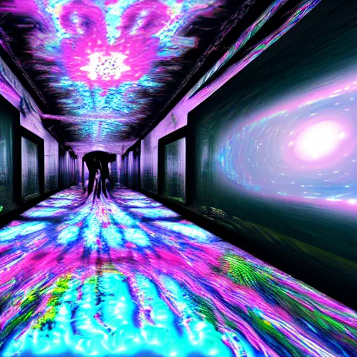 Image similar to a glitch in the metaverse, rasing of consciousness, dilated pupil, psychedelic path to the unknown, glitchart, unreal engine