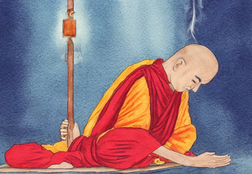 Image similar to a water color pencil painting of a buddhist monk praying in front of an incense stand