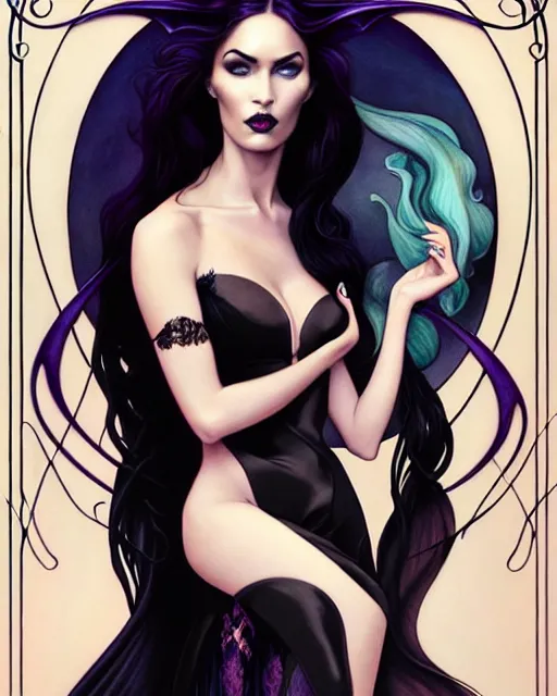 Image similar to new art nouveau portrait of fantasy succubus megan fox wearing a black gown in the style of anna dittmann, patrick nagle, charlie bowater and loish. long windblown hair, very large, clear, expressive, and intelligent eyes. symmetrical, centered, ultrasharp focus, dramatic lighting, photorealistic digital matte painting, intricate ultra detailed background.