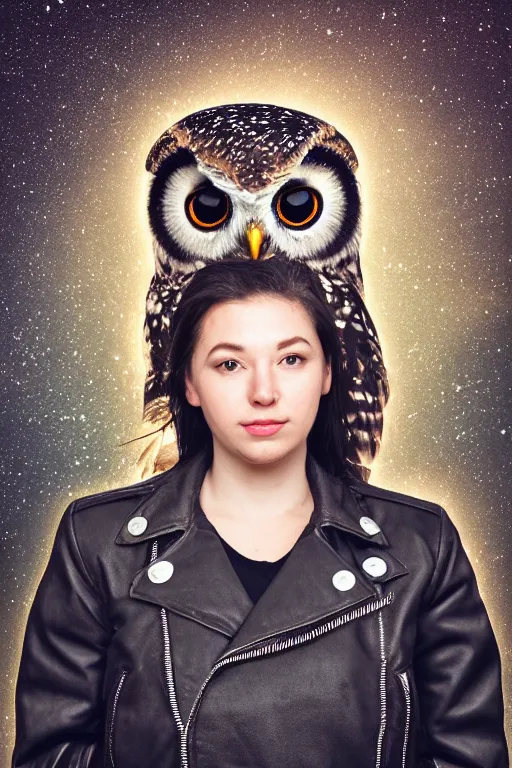 Prompt: front of owl wearing black biker jacket, portrait photo, backlit, studio photo, golden ratio, starry background