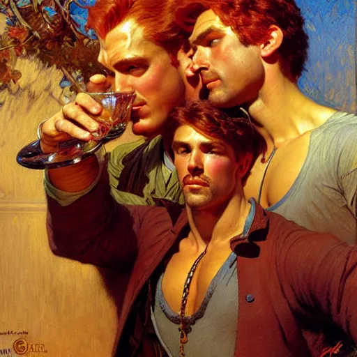 Image similar to attractive muscular mike with ginger hair and muscular attractive ty with brunet hair, drinking their hearts out, boys night out. highly detailed painting by gaston bussiere, craig mullins, j. c. leyendecker, alphonse mucha 8 k