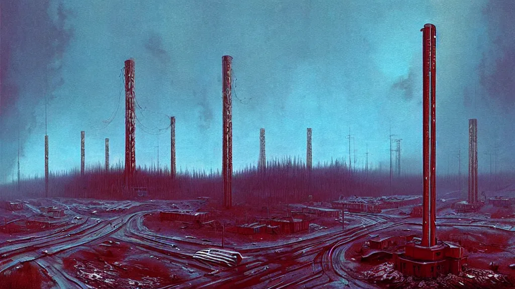 Image similar to Nuclear, Redwood Desolation; Location: Norilsk Russia; by Simon Stålenhag; retro natural-futurism;