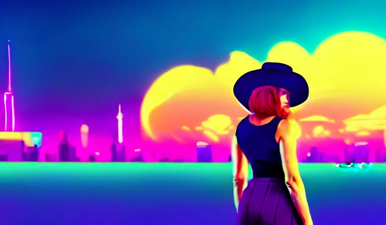 Prompt: a beautiful and immaculate young teenager girl with fedora hat. synthwave. outrun style. trending on artstation. recommended for you behance. by chris moore. by edward hopper. metropolis filmic. gotham city.