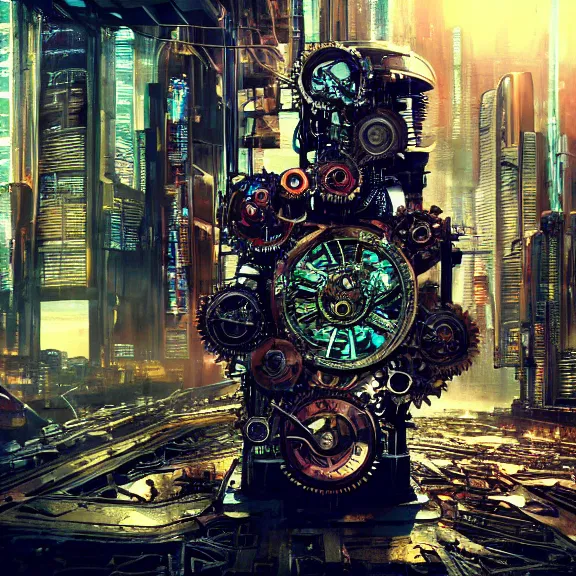 Image similar to Beautiful Photo of the Time Machine. Gear mechanism. Cyberpunk. splatterpunk. 4K. Grim future