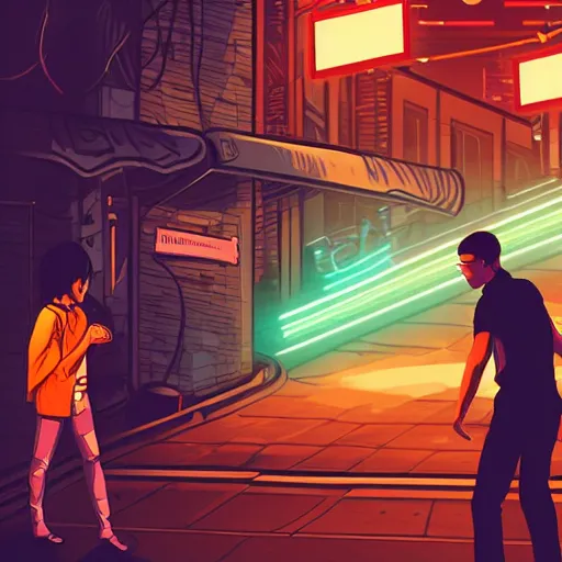 Image similar to two people arguing, detailed digital illustration by matt zeilinger, cyberpunk back alley, nighttime, colorful lighting, android netrunner