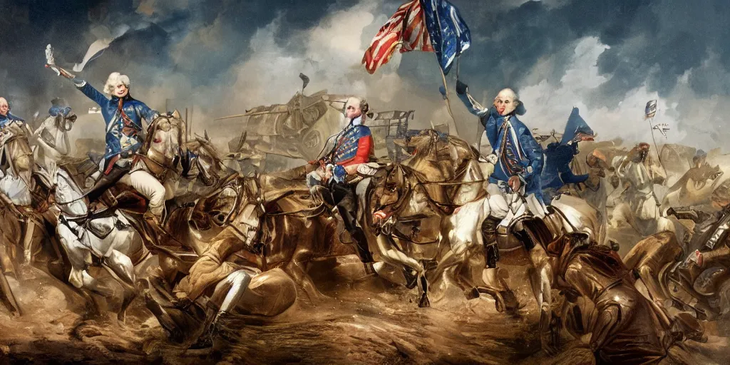 Image similar to George Washington rides a motorcycle to attack the British army in the revolutionary war, epic, cinematic, concept Art, detailed, 4K