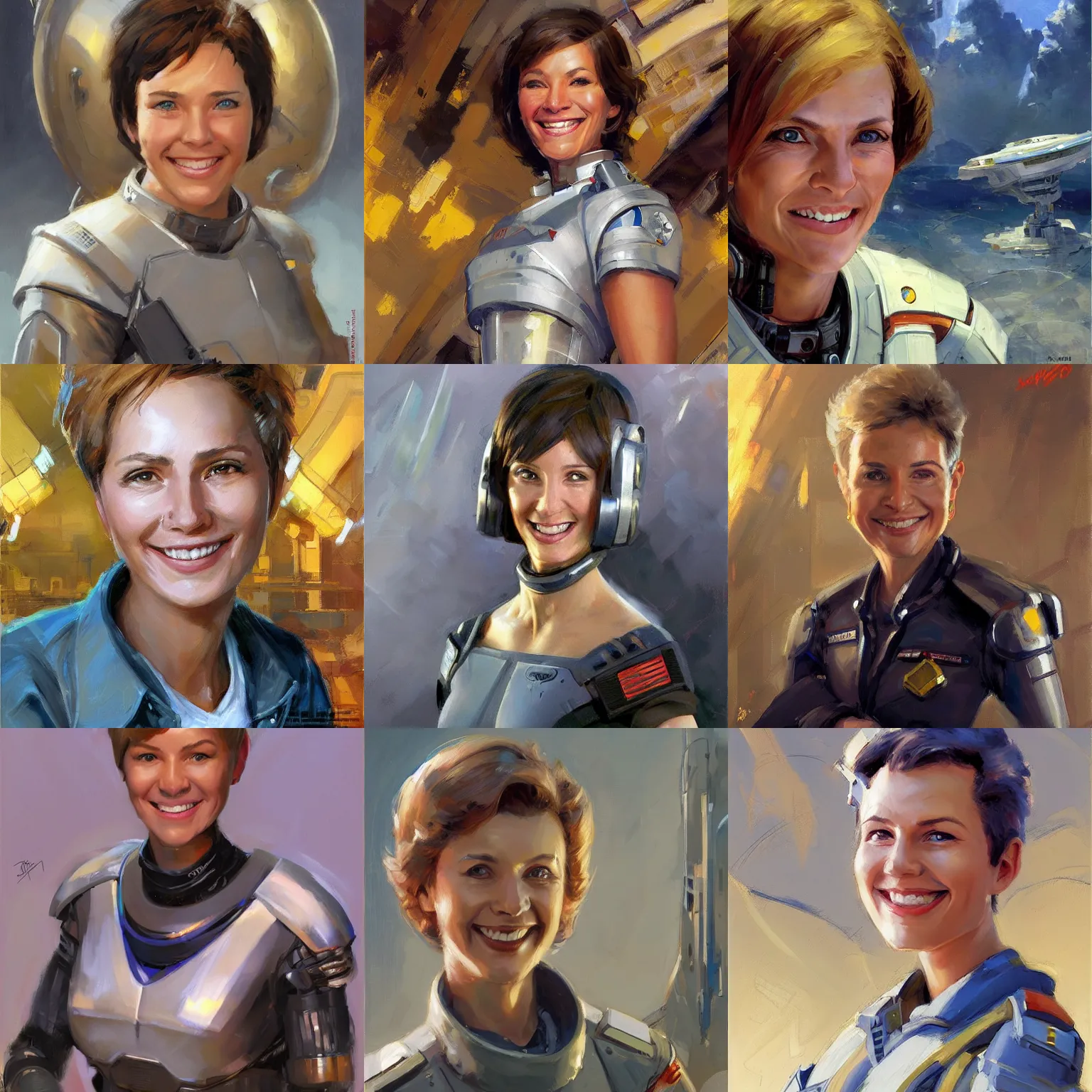 Prompt: futuristic starship engineer with short hair, female, optimistic smile, candid, sci fi character portrait by Michael Garmash, Donato Giancola, craig mullins