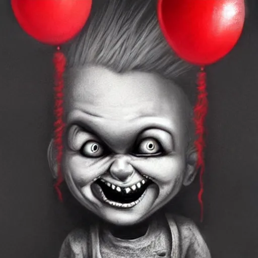 Prompt: surrealism grunge cartoon portrait sketch of chucky with a wide smile and a red balloon by - michael karcz, loony toons style, slender man style, horror theme, detailed, elegant, intricate