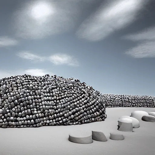 Image similar to sculpture made of piled stones, soda cans, minimal white room gallery, sunlit, photorealistic, 3 d rendering, higly detailed, minimalist, made with unreal engine, cgsociety, yves tanguy