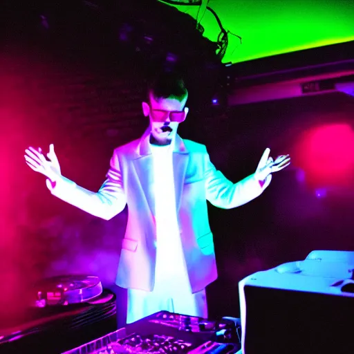 Image similar to goat dj in a white jacket, retrowave, neon light,