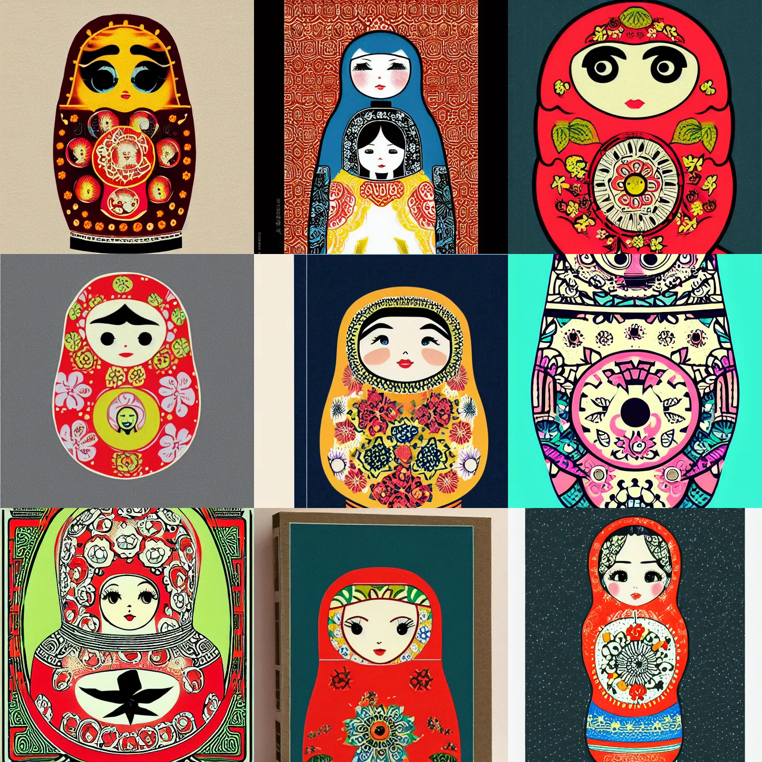 Prompt: single matryoshka portrait, japanese comic magazine illustration, soft light, intricate design