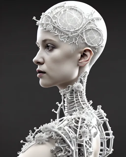Image similar to bw 3 d render, stunning beautiful young angelic cute biomechanical albino female cyborg with a porcelain profile face, rim light, big leaves and stems, roots, fine foliage lace, alexander mcqueen, art nouveau fashion embroidered, steampunk, silver filigree details, hexagonal mesh wire, mandelbrot fractal, elegant, artstation trending