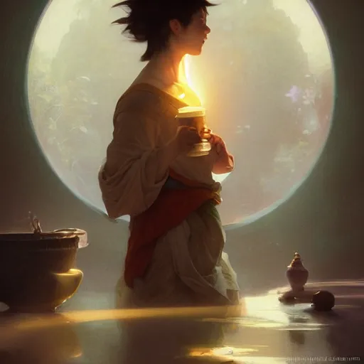 Image similar to A man drinking a cup of cosmic energy bright light, illustration by Ruan Jia and Mandy Jurgens and William-Adolphe Bouguereau, Artgerm, 4k, digital art, surreal, anime style, space dandy style, highly detailed, godsend, artstation, digital painting, concept art, smooth, sharp focus, illustration by Ruan Jia and Mandy Jurgens and William-Adolphe Bouguereau, Artgerm